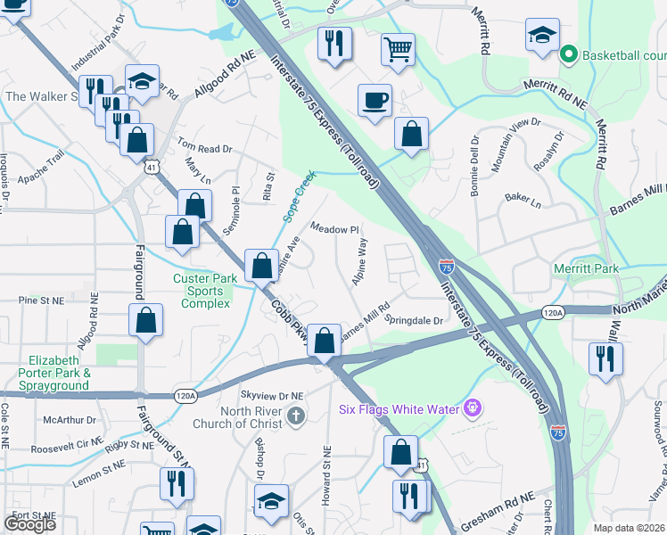 map of restaurants, bars, coffee shops, grocery stores, and more near 545 Barnes Mill Drive in Marietta