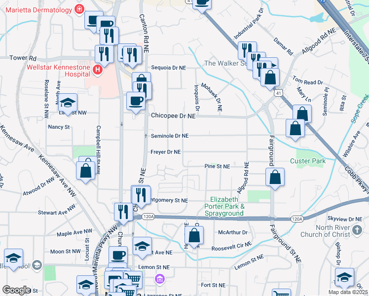 map of restaurants, bars, coffee shops, grocery stores, and more near 574 Chicasaw Drive in Marietta