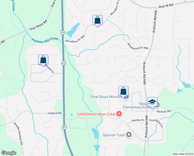 map of restaurants, bars, coffee shops, grocery stores, and more near 294 Balmy Court Northwest in Powder Springs