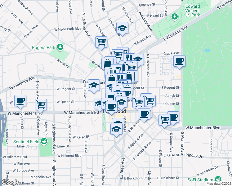 map of restaurants, bars, coffee shops, grocery stores, and more near 204 East Regent Street in Inglewood