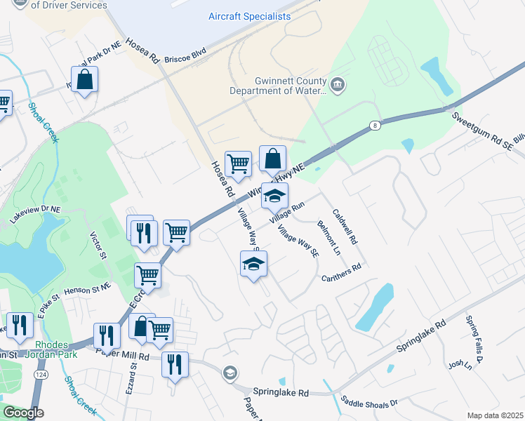 map of restaurants, bars, coffee shops, grocery stores, and more near 485 Providence Run Way Southeast in Lawrenceville