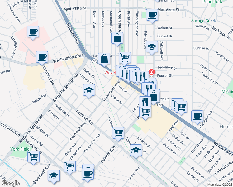 map of restaurants, bars, coffee shops, grocery stores, and more near 13018 Chestnut Street in Whittier
