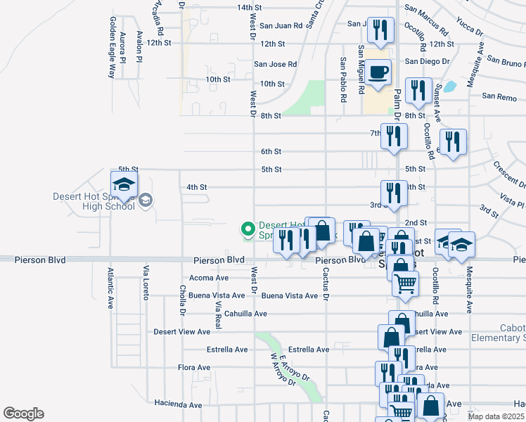 map of restaurants, bars, coffee shops, grocery stores, and more near 66031 3rd Street in Desert Hot Springs