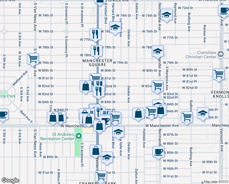 map of restaurants, bars, coffee shops, grocery stores, and more near 1652 West 82nd Street in Los Angeles