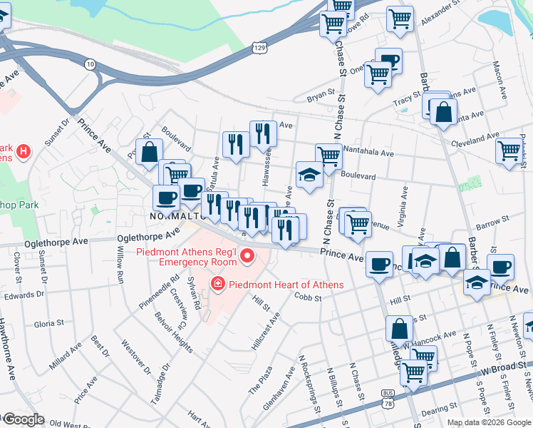 map of restaurants, bars, coffee shops, grocery stores, and more near 130 Hiawassee Avenue in Athens