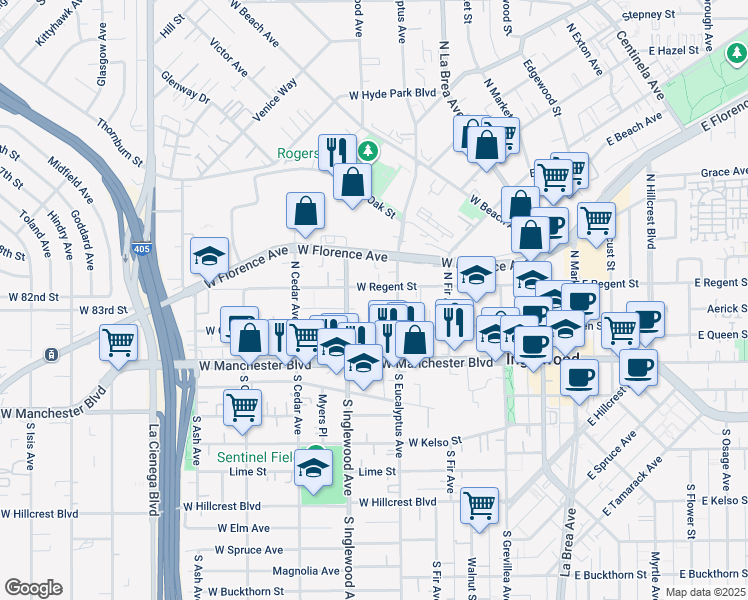 map of restaurants, bars, coffee shops, grocery stores, and more near 320 West Regent Street in Inglewood
