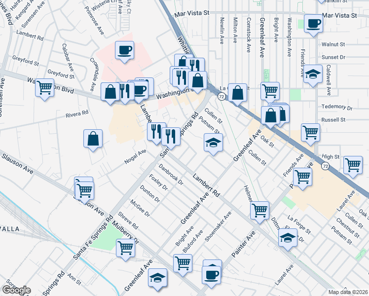 map of restaurants, bars, coffee shops, grocery stores, and more near 12617 Flomar Drive in Whittier