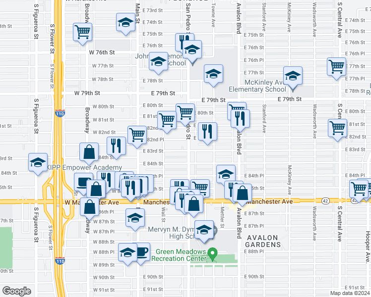 map of restaurants, bars, coffee shops, grocery stores, and more near 8277 San Pedro Street in Los Angeles