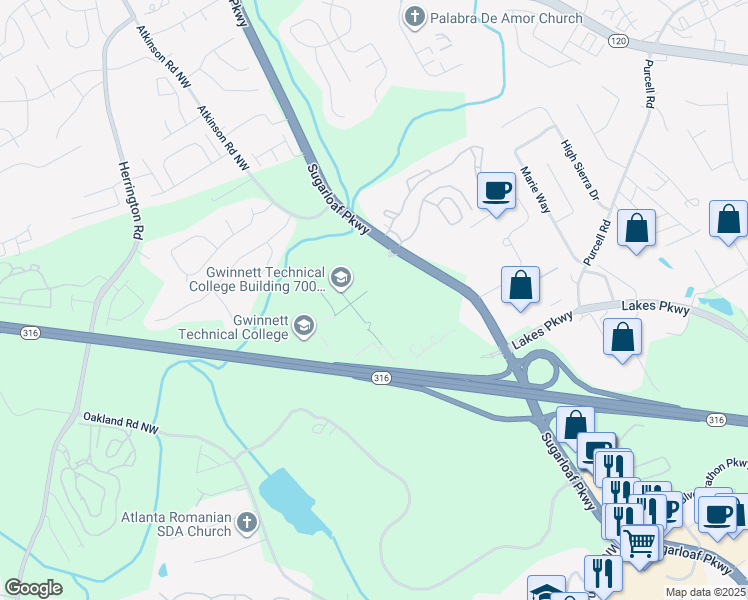 map of restaurants, bars, coffee shops, grocery stores, and more near 5150 Sugarloaf Parkway in Lawrenceville
