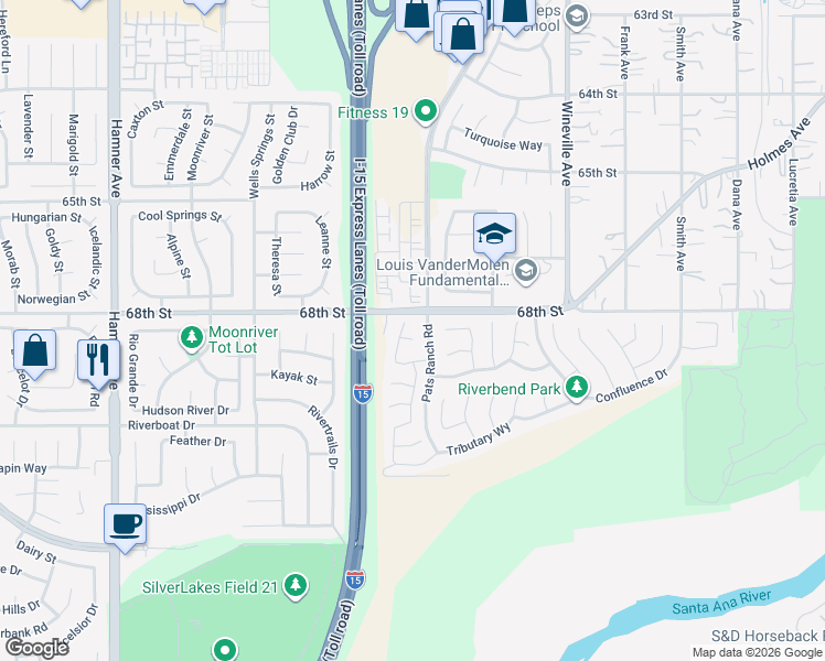 map of restaurants, bars, coffee shops, grocery stores, and more near 12128 Chandalar Circle in Jurupa Valley