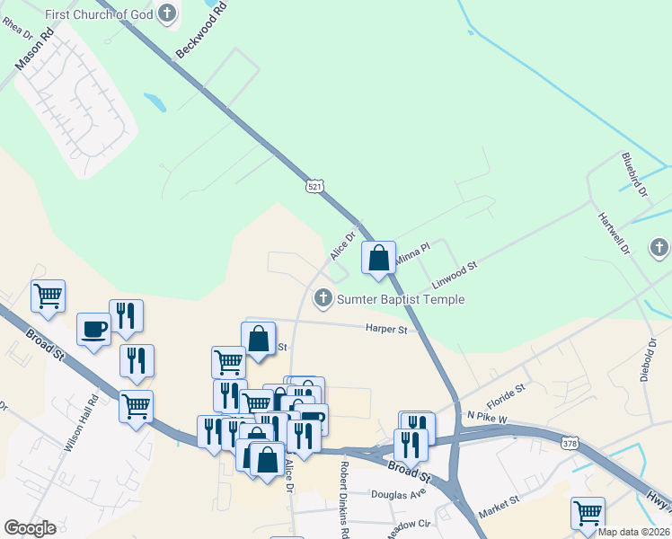 map of restaurants, bars, coffee shops, grocery stores, and more near 2287 Dartmouth Drive in Sumter