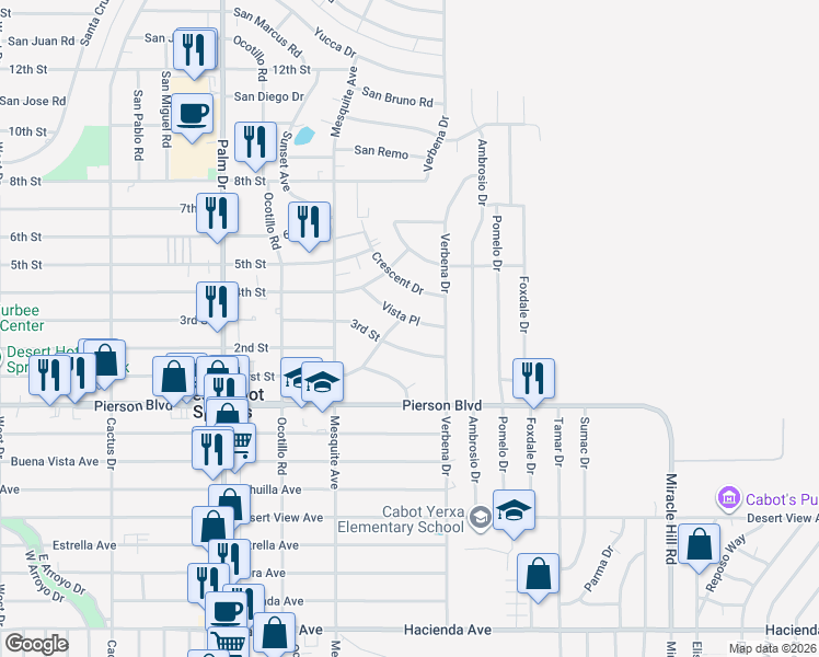 map of restaurants, bars, coffee shops, grocery stores, and more near 66915 Vista Place in Desert Hot Springs