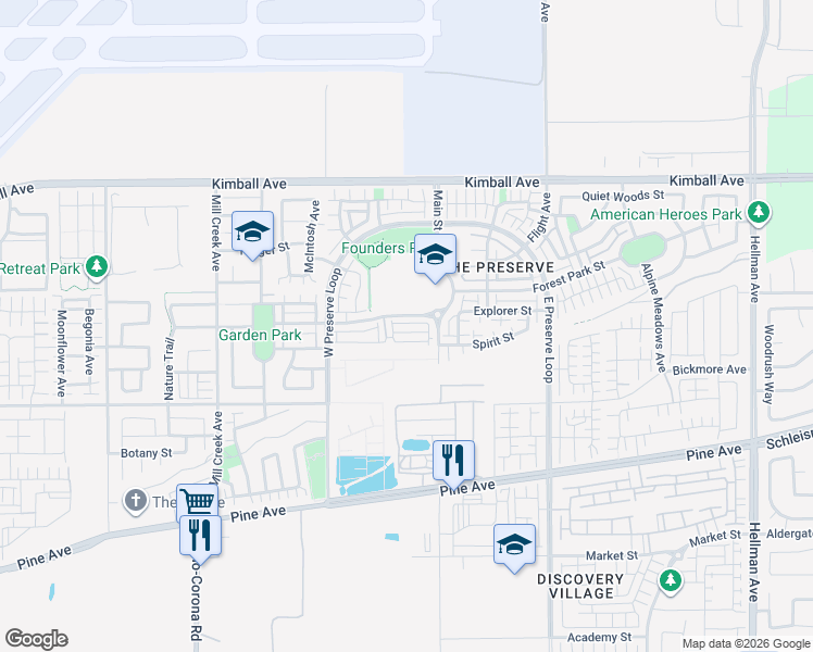 map of restaurants, bars, coffee shops, grocery stores, and more near 8245 Inventor Street in Chino