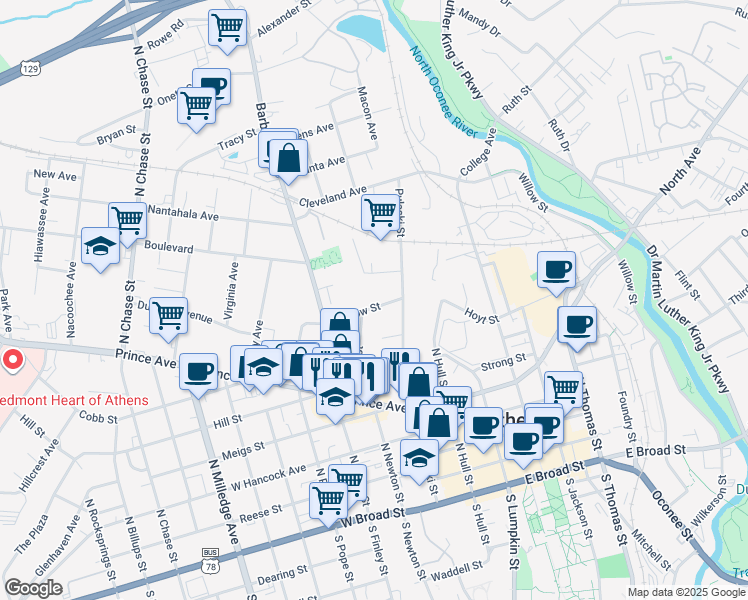 map of restaurants, bars, coffee shops, grocery stores, and more near 150 Barrow Street in Athens
