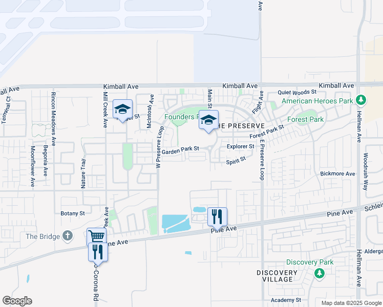 map of restaurants, bars, coffee shops, grocery stores, and more near 8231 Inventor Street in Chino