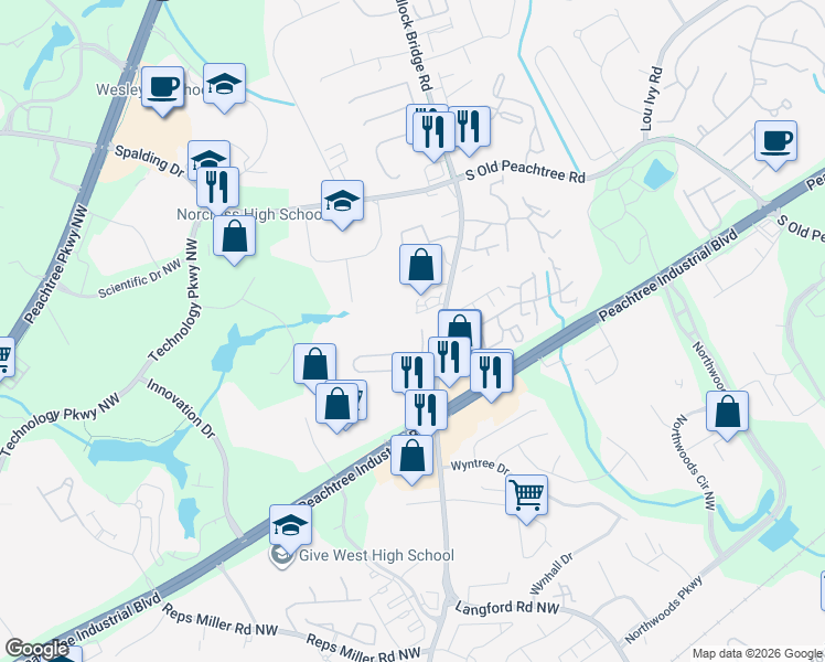 map of restaurants, bars, coffee shops, grocery stores, and more near 5203 Medlock Corners Drive in Norcross
