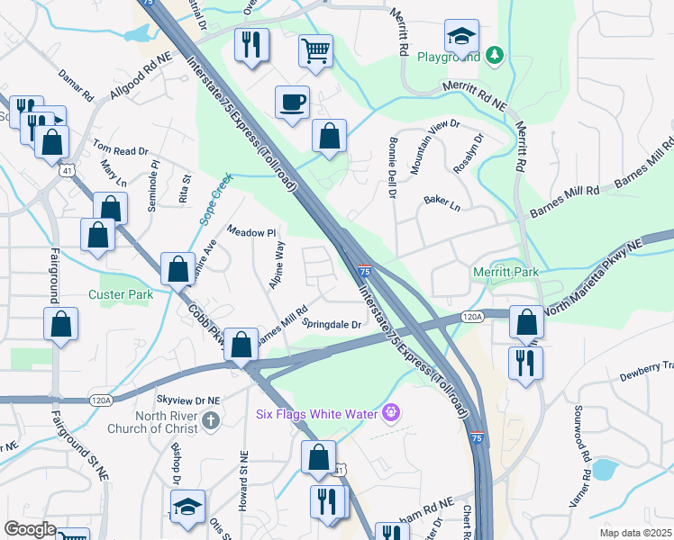 map of restaurants, bars, coffee shops, grocery stores, and more near 506 Glenivy in Marietta