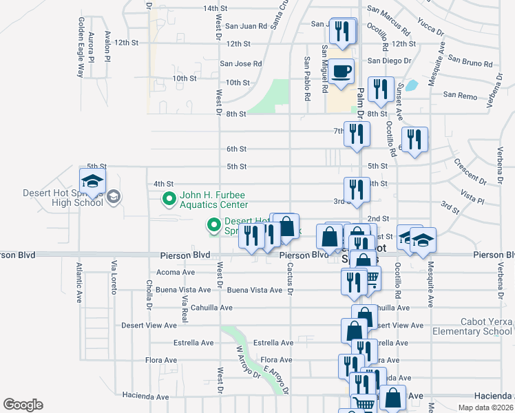 map of restaurants, bars, coffee shops, grocery stores, and more near 66135 3rd Street in Desert Hot Springs