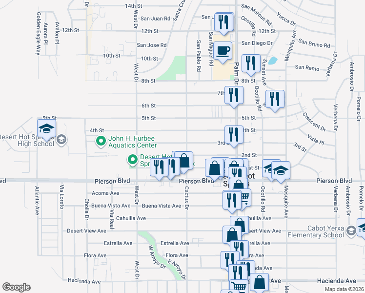 map of restaurants, bars, coffee shops, grocery stores, and more near 66192 3rd Street in Desert Hot Springs