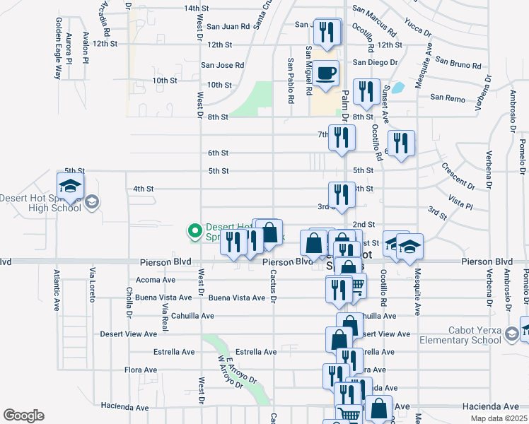 map of restaurants, bars, coffee shops, grocery stores, and more near 66231 3rd Street in Desert Hot Springs