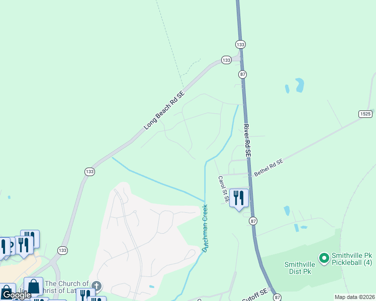 map of restaurants, bars, coffee shops, grocery stores, and more near 1368 Lowland Creek Avenue SouthEast in Southport