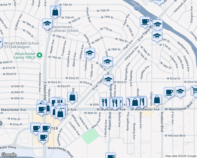 map of restaurants, bars, coffee shops, grocery stores, and more near 8106 Flight Avenue in Los Angeles