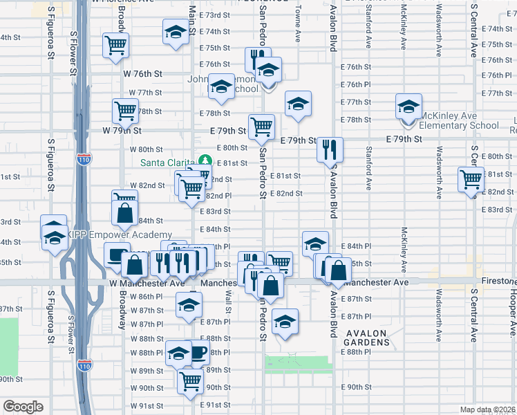 map of restaurants, bars, coffee shops, grocery stores, and more near 8277 San Pedro Street in Los Angeles