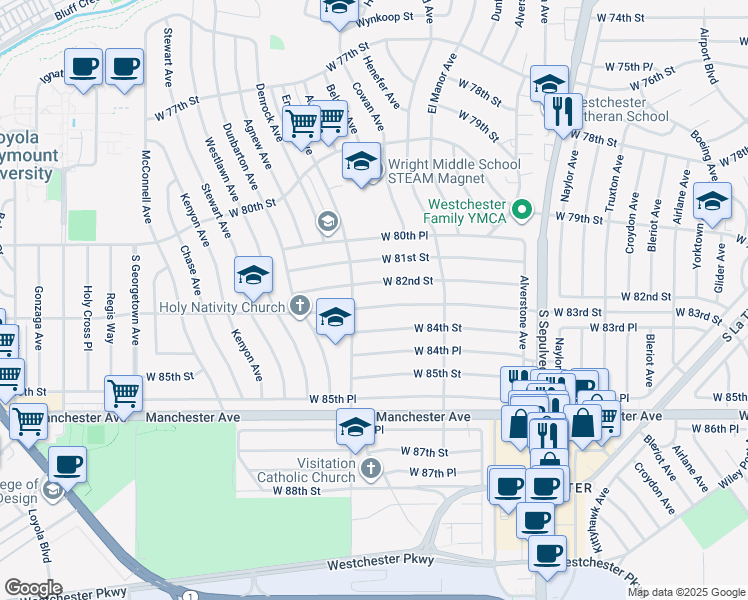 map of restaurants, bars, coffee shops, grocery stores, and more near 6547 West 83rd Street in Los Angeles