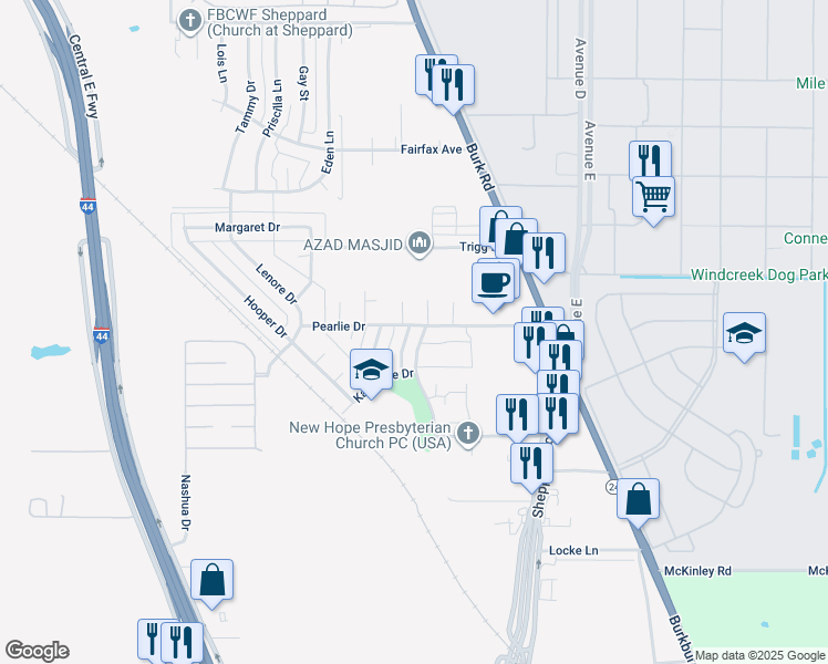 map of restaurants, bars, coffee shops, grocery stores, and more near 3911 Billie Drive in Wichita Falls