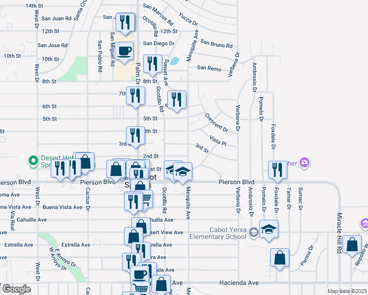 map of restaurants, bars, coffee shops, grocery stores, and more near 66735 3rd St in Desert Hot Springs