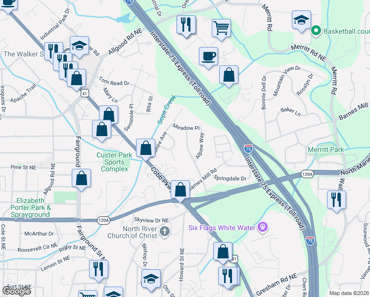map of restaurants, bars, coffee shops, grocery stores, and more near 545 Barnes Mill Drive in Marietta