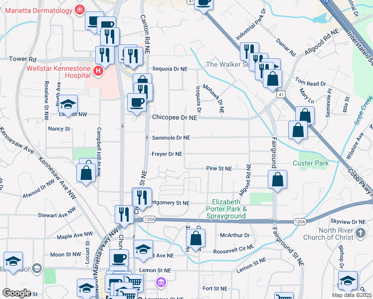 map of restaurants, bars, coffee shops, grocery stores, and more near 574 Chicasaw Drive in Marietta