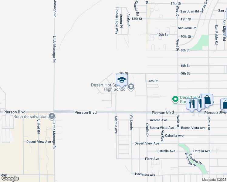 map of restaurants, bars, coffee shops, grocery stores, and more near 65850 Pierson Boulevard in Desert Hot Springs