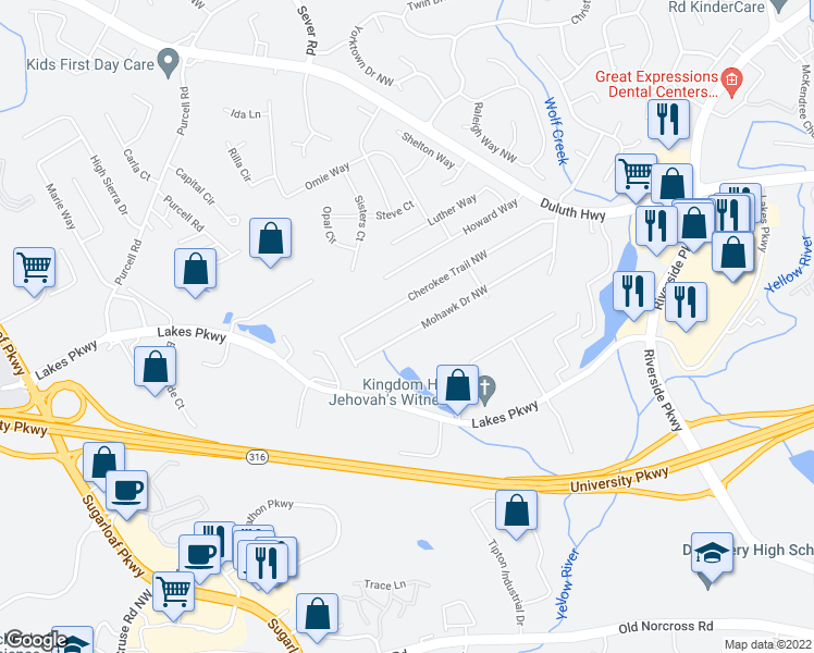 map of restaurants, bars, coffee shops, grocery stores, and more near 1423 Mohawk Drive Northwest in Lawrenceville