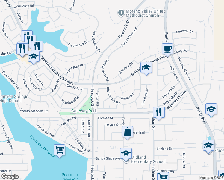 map of restaurants, bars, coffee shops, grocery stores, and more near 24049 Barley Road in Moreno Valley