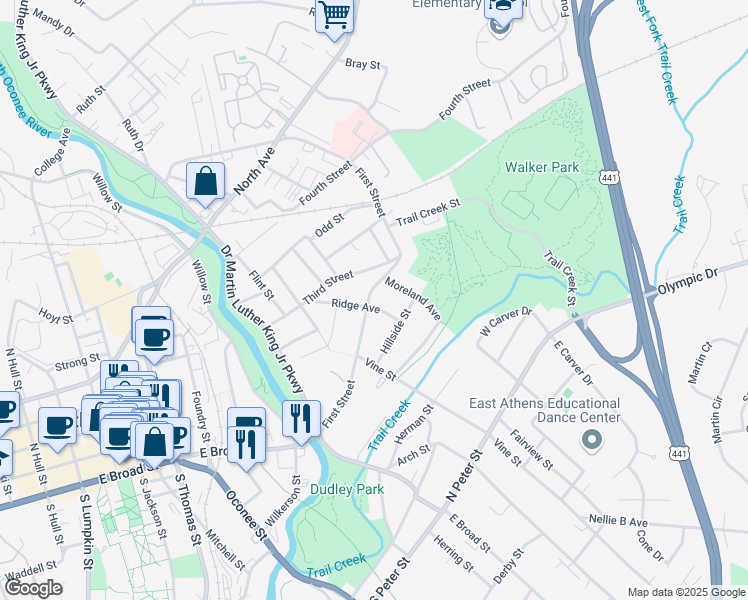 map of restaurants, bars, coffee shops, grocery stores, and more near 210 First Street in Athens