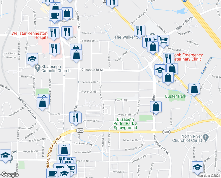map of restaurants, bars, coffee shops, grocery stores, and more near 297 Freyer Drive Northeast in Marietta