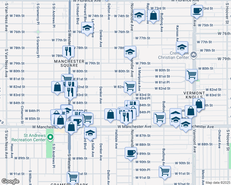 map of restaurants, bars, coffee shops, grocery stores, and more near 1501 West 83rd Street in Los Angeles