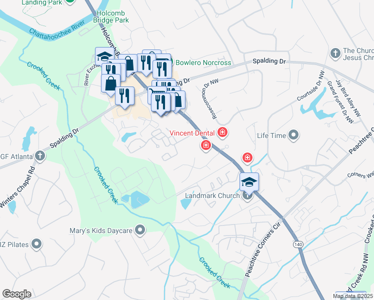 map of restaurants, bars, coffee shops, grocery stores, and more near 6325 Primrose Hill Court in Norcross