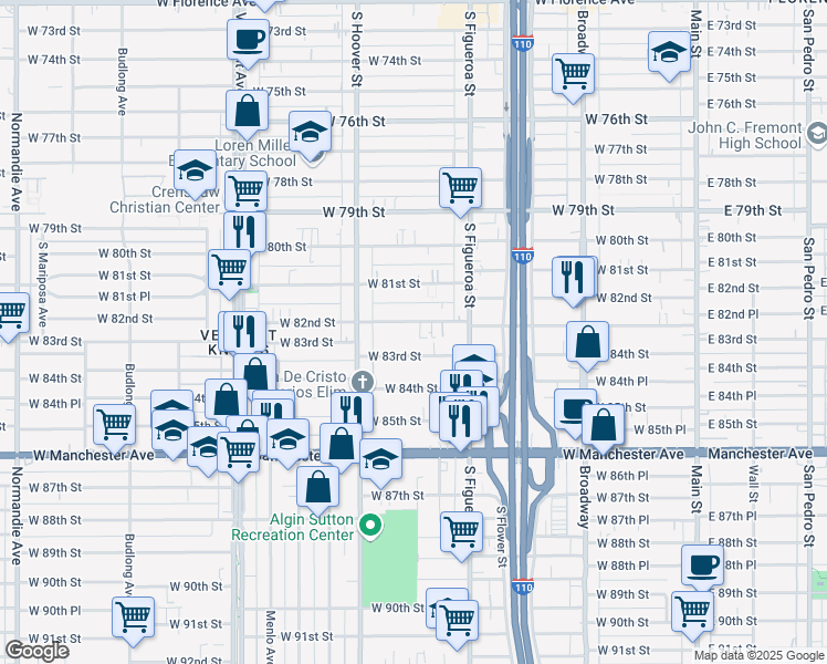map of restaurants, bars, coffee shops, grocery stores, and more near 620 West 82nd Street in Los Angeles