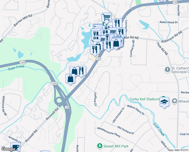 map of restaurants, bars, coffee shops, grocery stores, and more near 1950 Roswell Road in Marietta