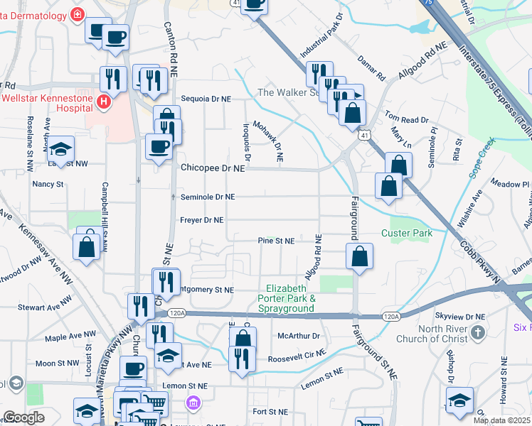 map of restaurants, bars, coffee shops, grocery stores, and more near 329 Freyer Drive Northeast in Marietta