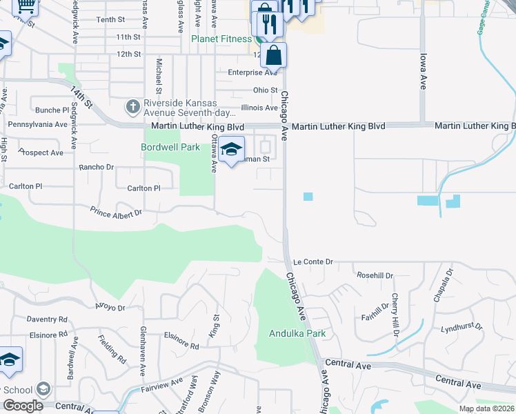 map of restaurants, bars, coffee shops, grocery stores, and more near 1787 Prince Albert Drive in Riverside
