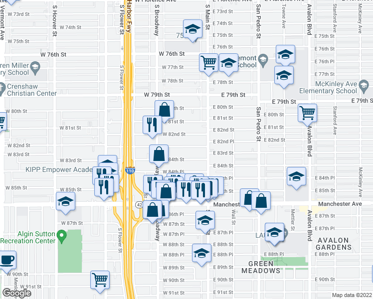 map of restaurants, bars, coffee shops, grocery stores, and more near 152 West 83rd Street in Los Angeles