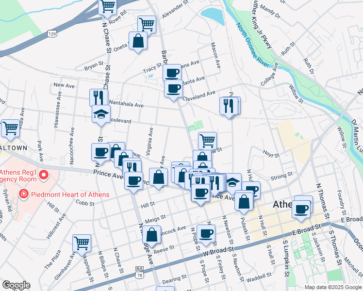 map of restaurants, bars, coffee shops, grocery stores, and more near 186 Grady Avenue in Athens