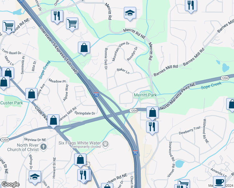 map of restaurants, bars, coffee shops, grocery stores, and more near 1111 Burbank Circle in Marietta