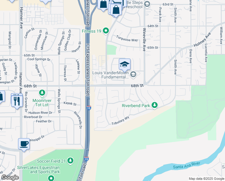 map of restaurants, bars, coffee shops, grocery stores, and more near Oxbow Way in Jurupa Valley