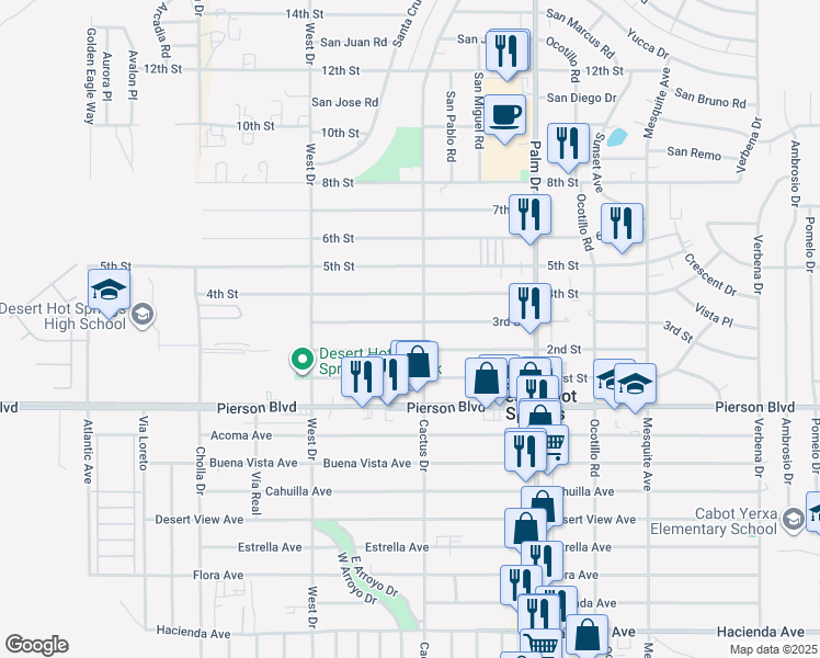 map of restaurants, bars, coffee shops, grocery stores, and more near 66192 3rd Street in Desert Hot Springs