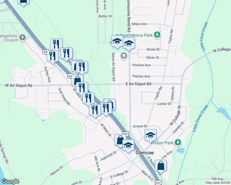 map of restaurants, bars, coffee shops, grocery stores, and more near 302 East Air Depot Road in Glencoe