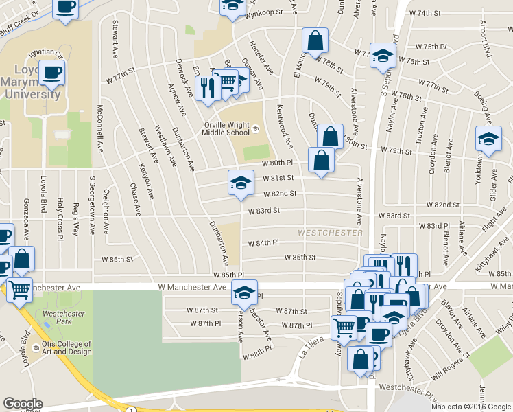 map of restaurants, bars, coffee shops, grocery stores, and more near 6547 West 83rd Street in Los Angeles